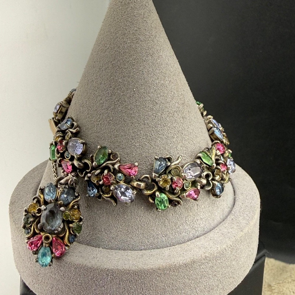 Vintage Hollycraft Bracelet Multi Color Pastel Rhinestone Floral 1950 7in - Picture 3 of 16